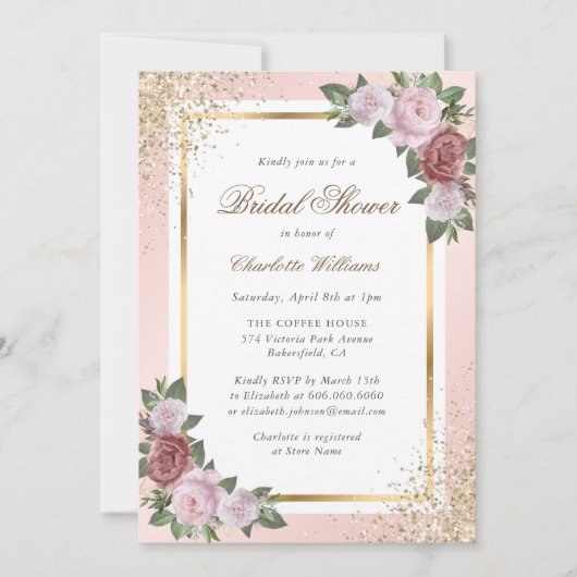 Floral Blush Pink Gold Confetti Vrijgezellenfeest Kaart (Voorkant)
