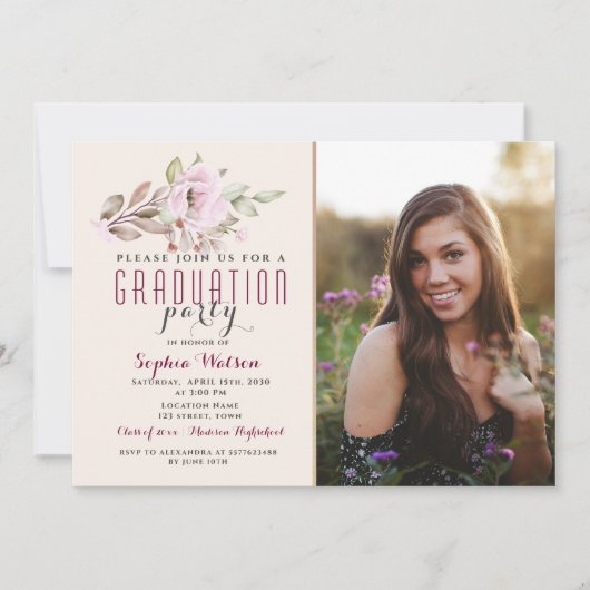 Floral Blush Pink Photo Graduation Invitation (Devant)