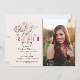 Floral Blush Pink Photo Graduation Invitation