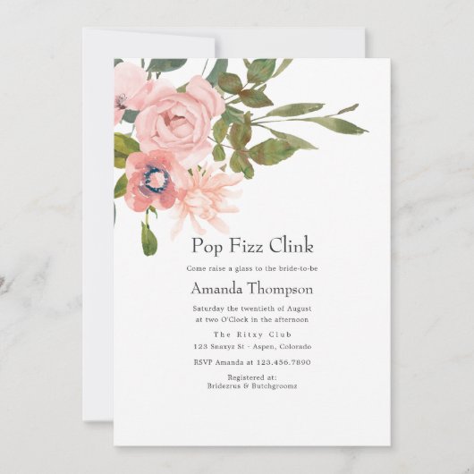 Floral Blush Pink Pop Fizz Clink Vrijgezellenfeest Kaart (Voorkant)