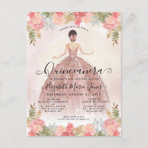 Floral Blush Pink Princess Birthday Quinceanera Uitnodiging Briefkaart