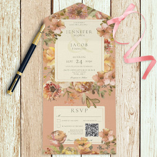  Floral Blush Pink & Rust QR Code All In One Uitnodiging