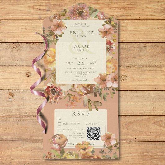 Floral Blush Pink & Rust QR Code All In One Uitnodiging