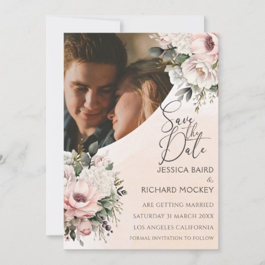 Floral Blush Pink Wedding Photo Save the Date Kaar (Voorkant)