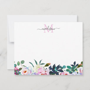 Floral Blush Pink White Peony Botanical Monogram Notitiekaartje
