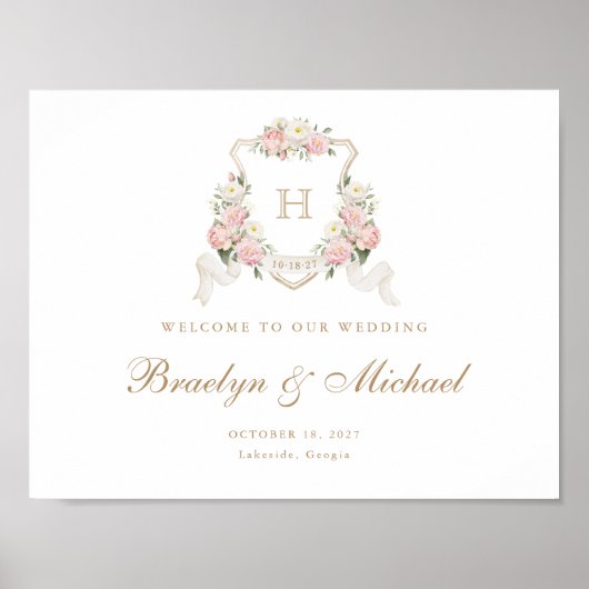 Floral Blush Rose Crest Monogramme Affiche de bien (Devant)