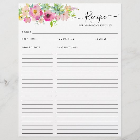 Floral Blush Roze Waterverf Cactus Keukenrecept (Voorkant)