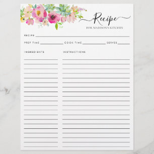 Floral Blush Roze Waterverf Cactus Keukenrecept Flyer
