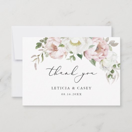 Floral Blush Roze Witte Pioen Romantisch Dank u Bedankkaart (Voorkant)