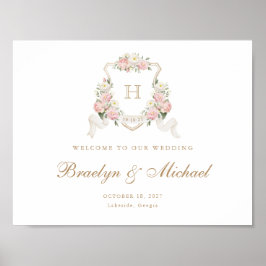 Floral Blush Rozen Crest Monogram Welkomstbord Poster