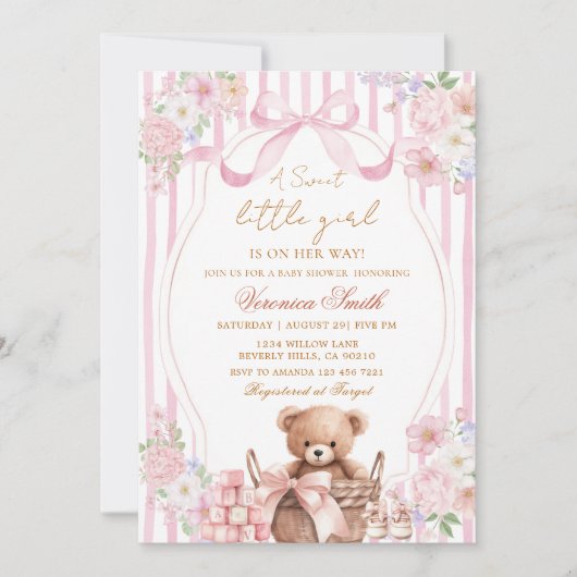 Floral Blush Stripe Pink Bow Bear Baby Shower  Kaart (Voorkant)