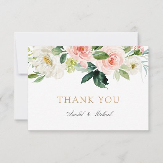 Floral Blush White Greenery Carte de remerciements (Devant)
