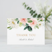 Floral Blush White Greenery Carte de remerciements (Debout devant)