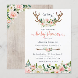 Floral Boho Antler Blush Chic Arrows Baby shower Kaart