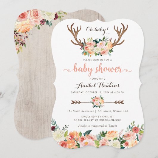 Floral Boho Antler Blush Peach Peach Arrows Baby Kaart (Voorkant / Achterkant)