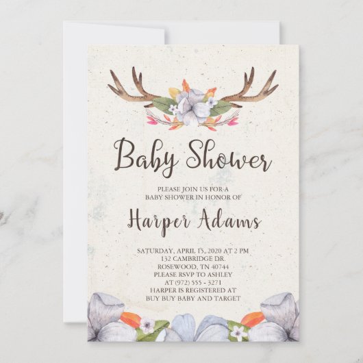 Floral Boho Antlers Baby shower Kaart (Voorkant)