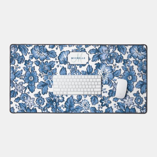 Floral Boho bleu avec nom et monogramme (Clavier et souris)