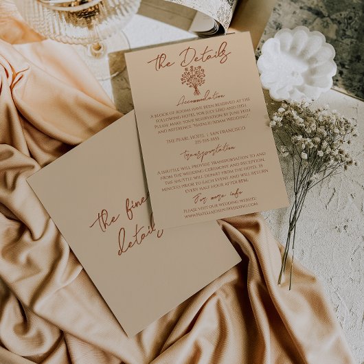 Floral Boho Chic Cream Terracotta Wedding Details Informatiekaartje