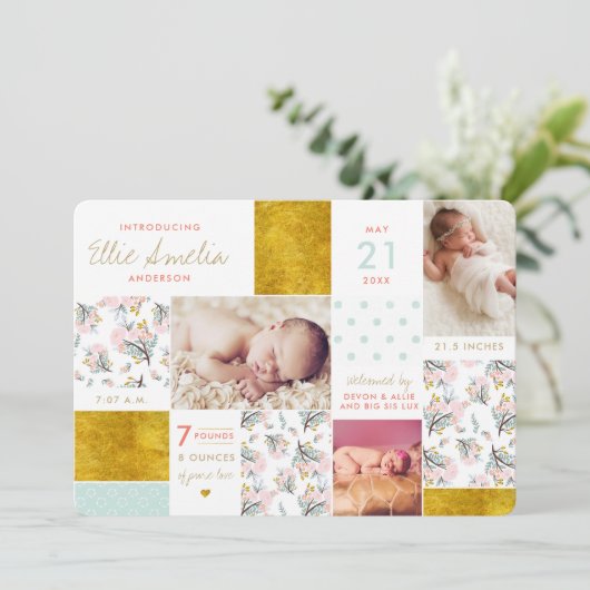 Floral Boho Collage Gold Birth koninklijke kaarten (Staand voorkant)