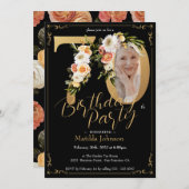 Floral Boho Custom Photo Zwart Goud 70e Verjaardag Kaart (Voorkant / Achterkant)