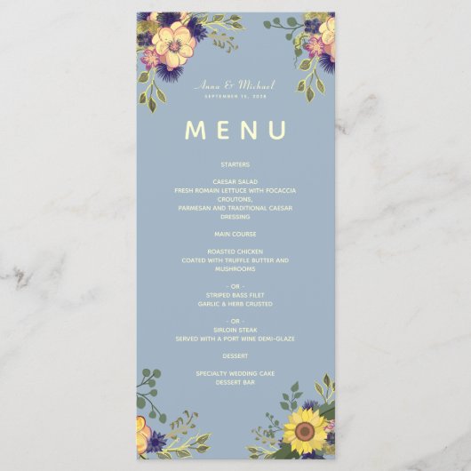 Floral Boho Dusty Blue Wedding Menu (Voorkant)