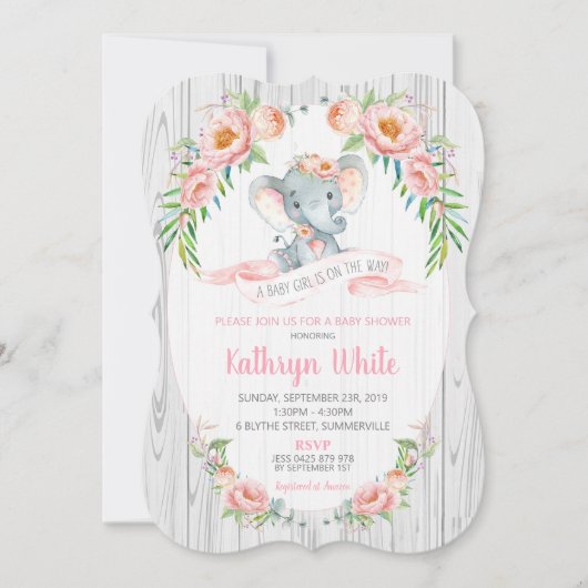 Floral Boho Elephant Baby shower Invitation fille (Devant)
