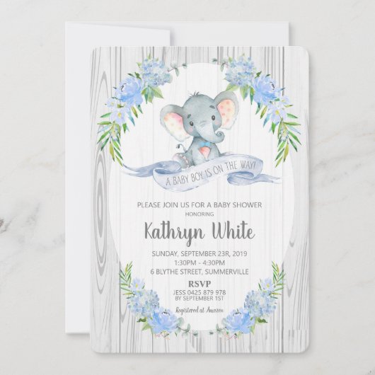 Floral Boho Elephant Baby shower Invitation Garçon (Devant)