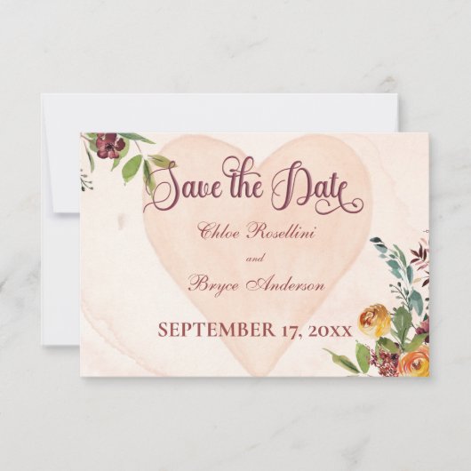 Floral Boho hart perzik bruiloft Save The Date (Voorkant)