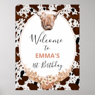 Floral Boho Highland Koe Birthday Welkom Poster