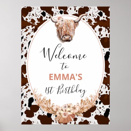 Floral Boho Highland Koe Birthday Welkom Poster (Voorkant)