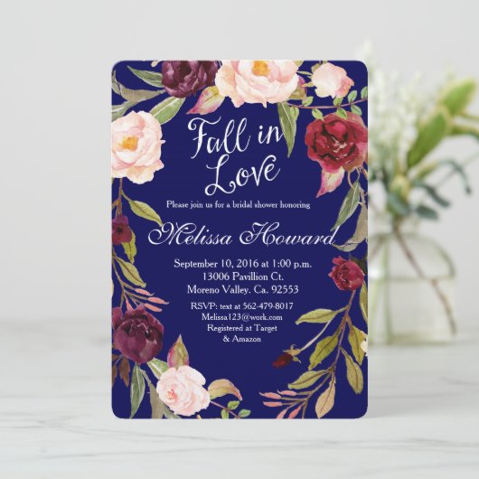 Floral Boho Navy Blue Bridal - douche Kaart (Staand voorkant)