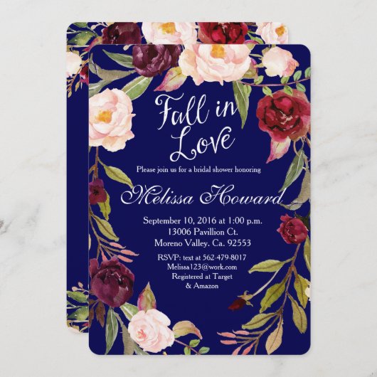 Floral Boho Navy Blue Bridal shower Invitation (Devant / Derrière)