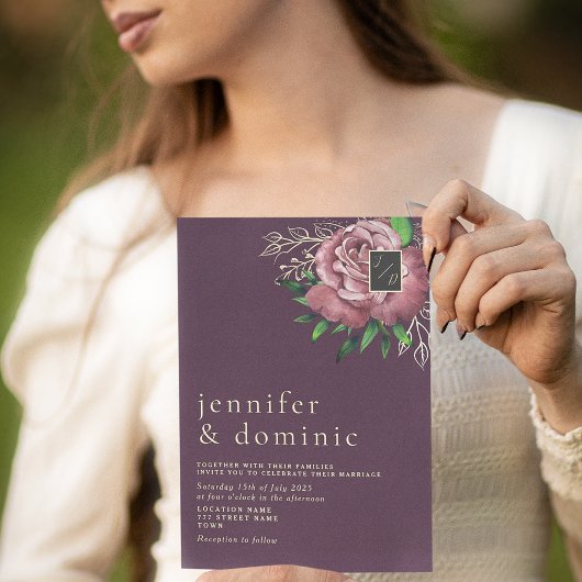 Floral Boho Paarse Wedding Uitnodiging