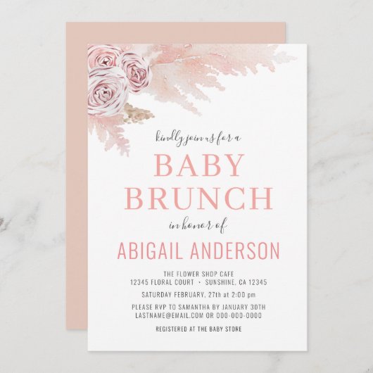 Floral Boho Pampas Waterverf Baby Brunch Invitat Kaart (Voorkant / Achterkant)