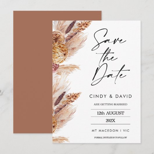 Floral Boho Pampas Wedding Save the Date Kaart (Voorkant / Achterkant)