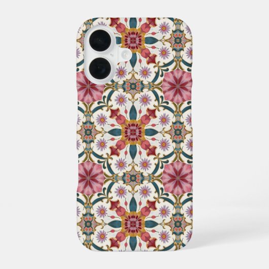 Floral Boho Pattern in Red, Pink & Teal iPhone 16 Hoesje (Achterkant)