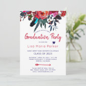 Floral boho red marvy blue bouquet graduparty kaart (Staand voorkant)
