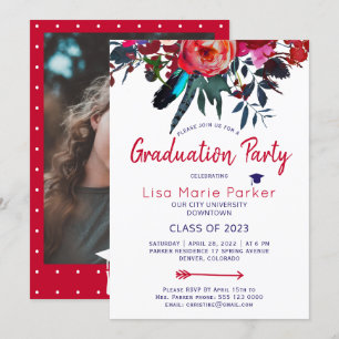 Floral boho red navy PHOTO graduation party Kaart