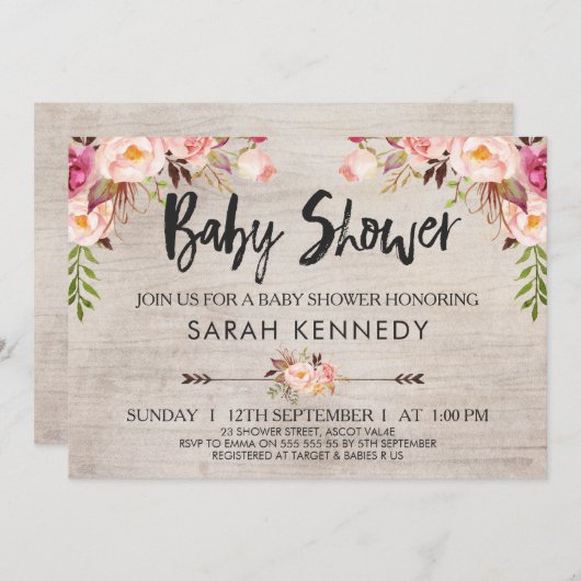 Floral Boho Rustic Baby shower Invitation (Devant / Derrière)