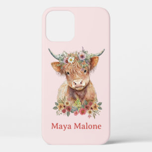 Floral Boho Rustic Highland Koe Cute Gift iPhone 12 Hoesje
