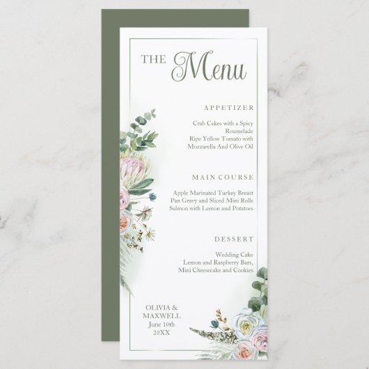 Floral Boho Sage Green Menu Mariage (Devant / Derrière)