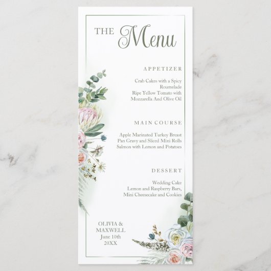 Floral Boho Sage Green Menu Mariage (Devant)