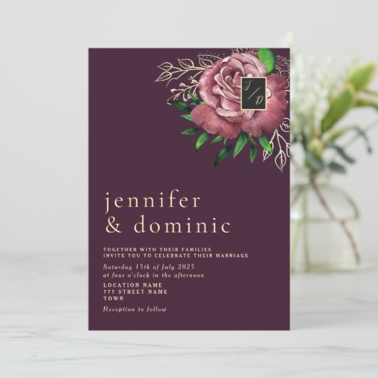 Floral Boho violet Faire-part de mariage (Debout devant)