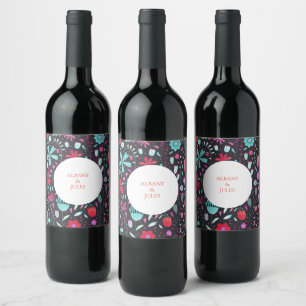 Floral Boho Waterverf Donkere bruiloft Wijn Etiket