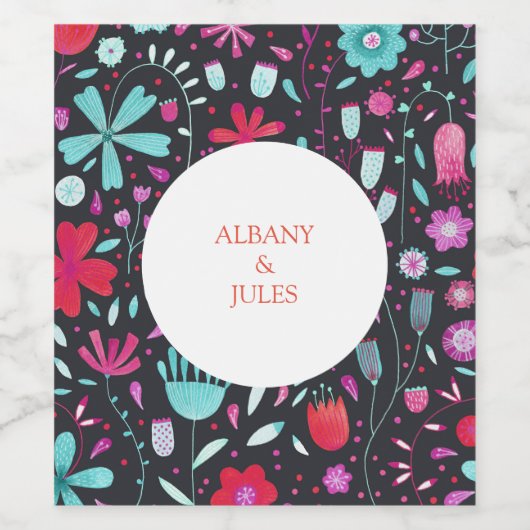 Floral Boho Waterverf Donkere bruiloft Wijn Etiket (Enkel label)