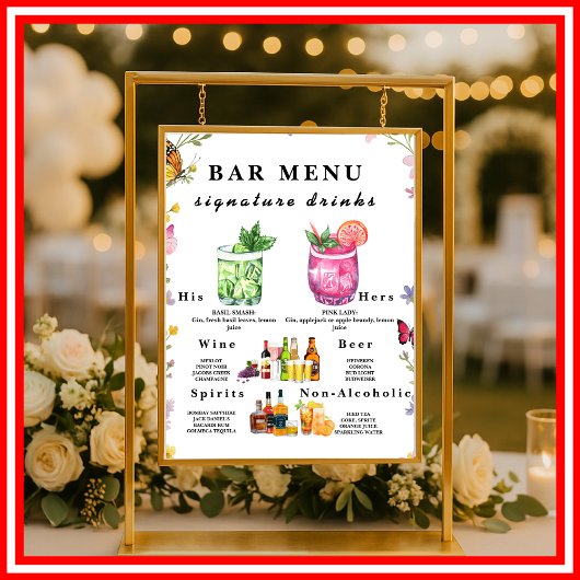 Floral Boho Wildflower Bar Menu Drink teken Poster