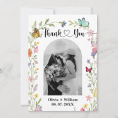 Floral Boho Wildflowers Vlinders Fotobruiloft Bedankkaart (Voorkant)