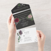 Floral Boho Zwart-wit bruiloft All In One Uitnodiging (Afscheurbaar)