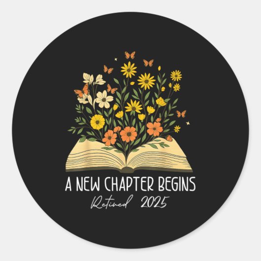 Floral Book A New Chapter Begins Retired Retiremen Ronde Sticker (Voorkant)