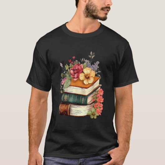 Floral Book Stack Reading Book  Old Books Flowers T-shirt (Voorkant)